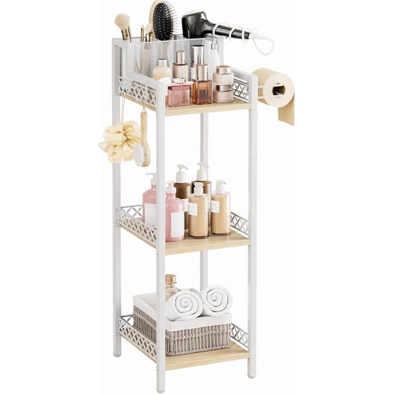 Slim Bathroom Storage Shelf Unit, 3 Tier Corner Storage, Rustic Makeup Organizer, Space-Saving Floor Standing Storage Shelves for Bathroom, Vanity,Kitchen, Laundry 9.85im Matte White