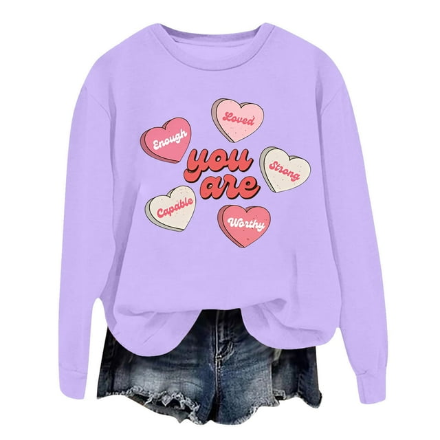 WEAIXIMIUNG T-Shirts Graphiques Amusants pour Femmes Automne Hiver Tendance Imprimé Cœur de la Saint-Valentin Col Rond Chandail à Capuchon