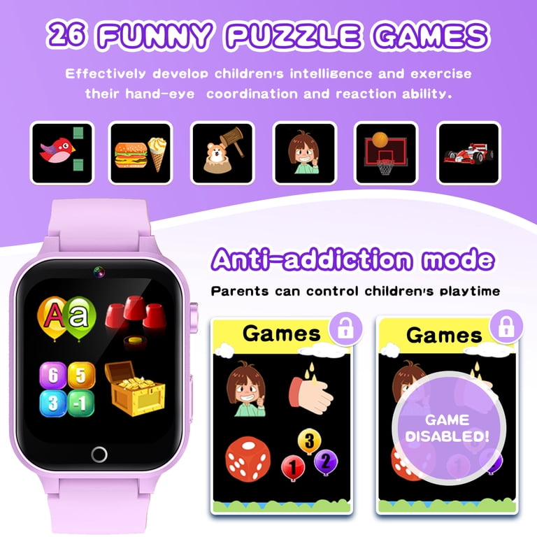 ELEJAFE Smartwatch voor kinderen, smartwatch, 26 spelletjes, horloge, stappenteller, calorieën, video, mp3, muziek, camera, zaklamp, wekker, rekenmachine, 3-14 jaar, jongens, meisjes, studenten