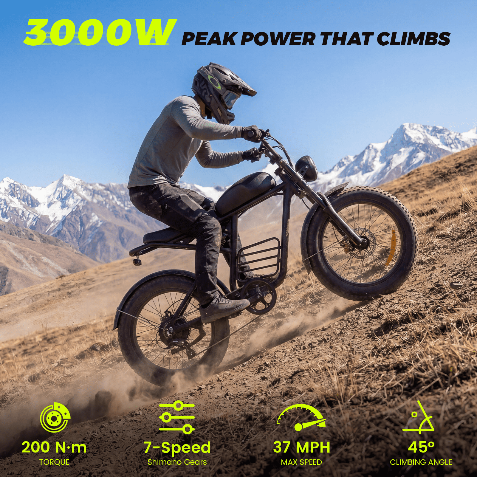 Electric Bike for Adults, 3000W Dirt Bike, 37MPH, 48V 35Ah E-Bike, 100 Miles Electric Motorcycle, 20" Fat Tire Off-Road Bike, All Terrain for Mountains, Snow, Sand, Road