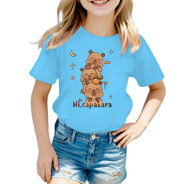 PMVFHDE Hauts d'Été pour Filles T-Shirt à Manches Courtes Imprimé Motif Animal Col Rond Bleu, 10-12 Ans
