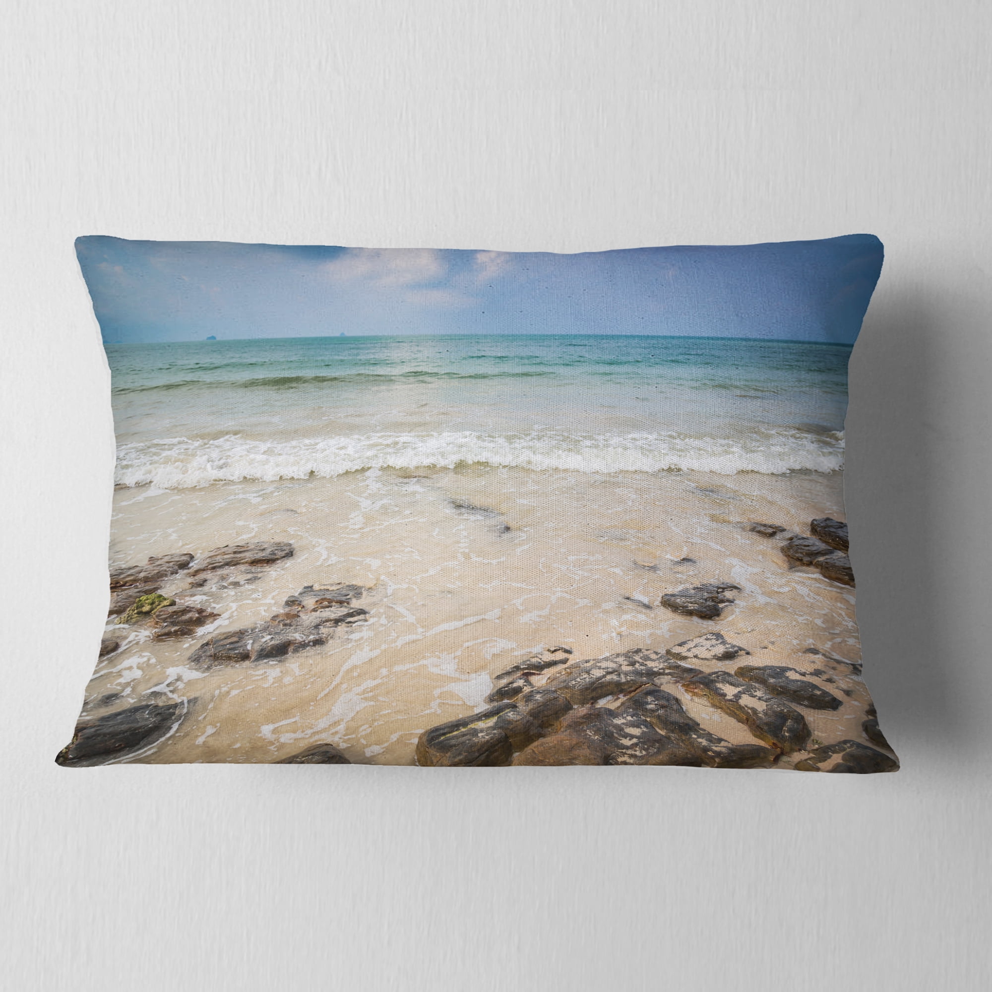 Designart Rocks on Typical Tropical Beach - Beach Photo Throw Pillow - 12x20