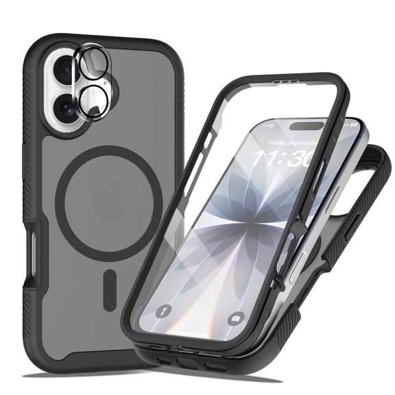 Dteck Magnetic Full Body Protection Case with Camera Lens Protector for iPhone 17,Shockproof TPU PC Built-in Screen Protector Case Compatible with Mag Safe Matte Back Cover ,Black
