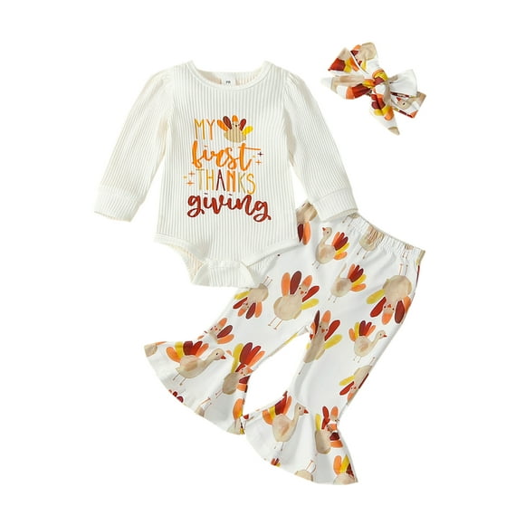 Gupgi Thanksgiving Baby Girl Outfits Inafnt Turkey Onesie Romper Bell Bottoms 2pcs Clothes Set 0-18 Months