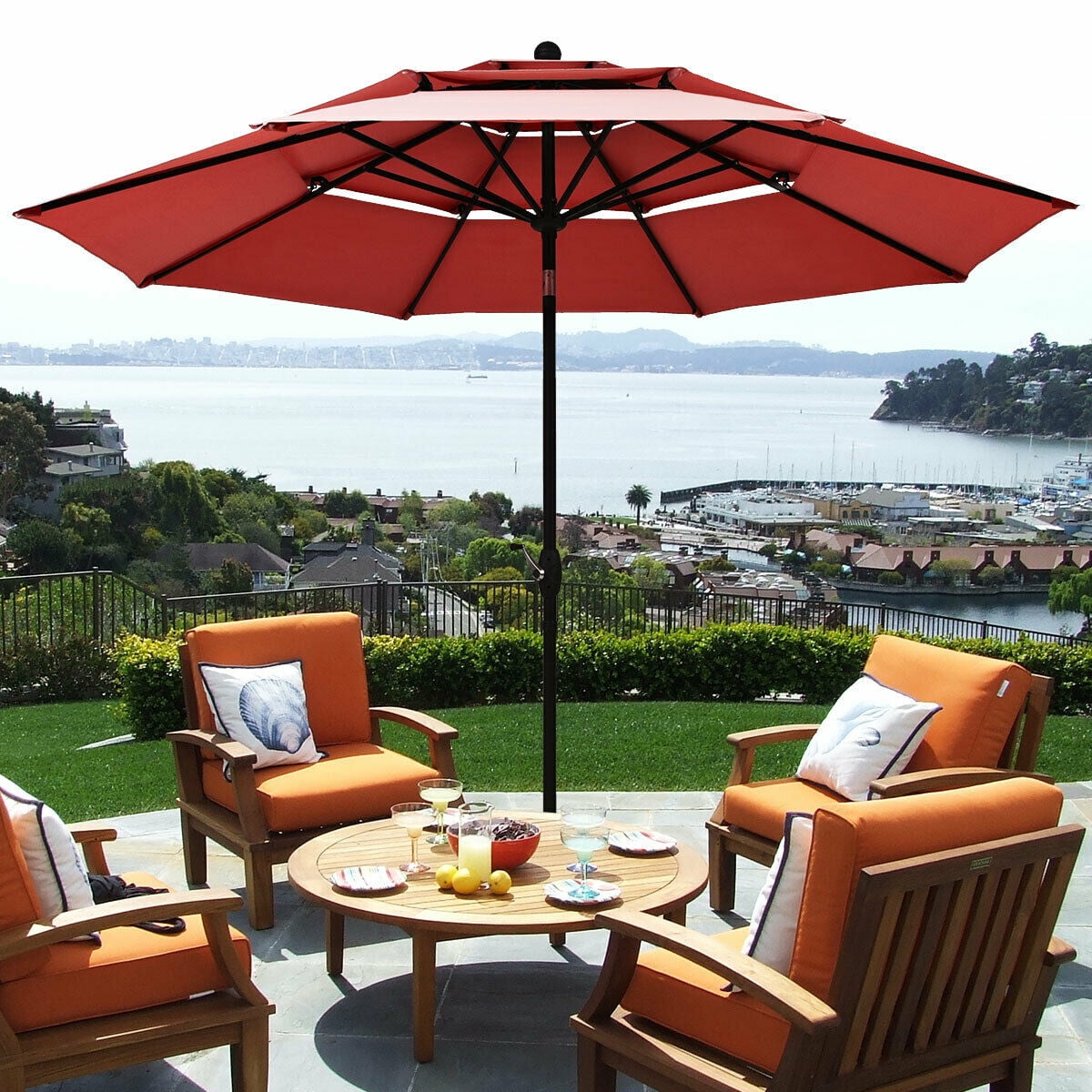 burgundy patio umbrellas 9' Umbrella with Canopy and White Fringe Accents, Black Frame Market Umbrella for Patio, Deck, and Backyard by Sun-Ray : Patio, Lawn & Garden this umbrella effortlessly enhances any environment with its understated elegance and superior performance Boyel Living 10 ft. Outdoor