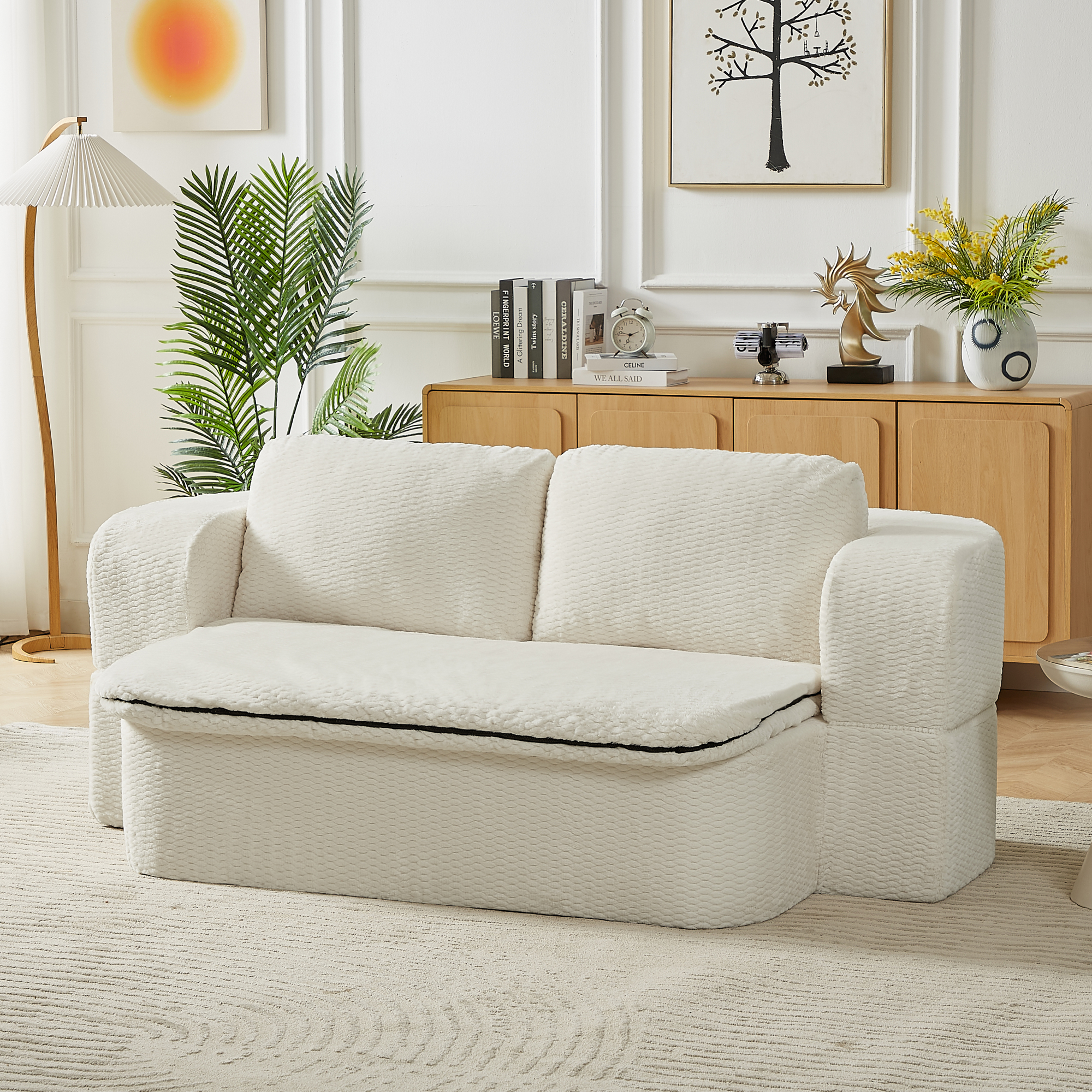 Leumius Convertible Sofa Bed,Sleeper Sofa with Folding Bed,2 Seater Cloud Couch with Memory Foam and Blanket for Living Room Bedroom Apartment,No Assembly Required,Cream