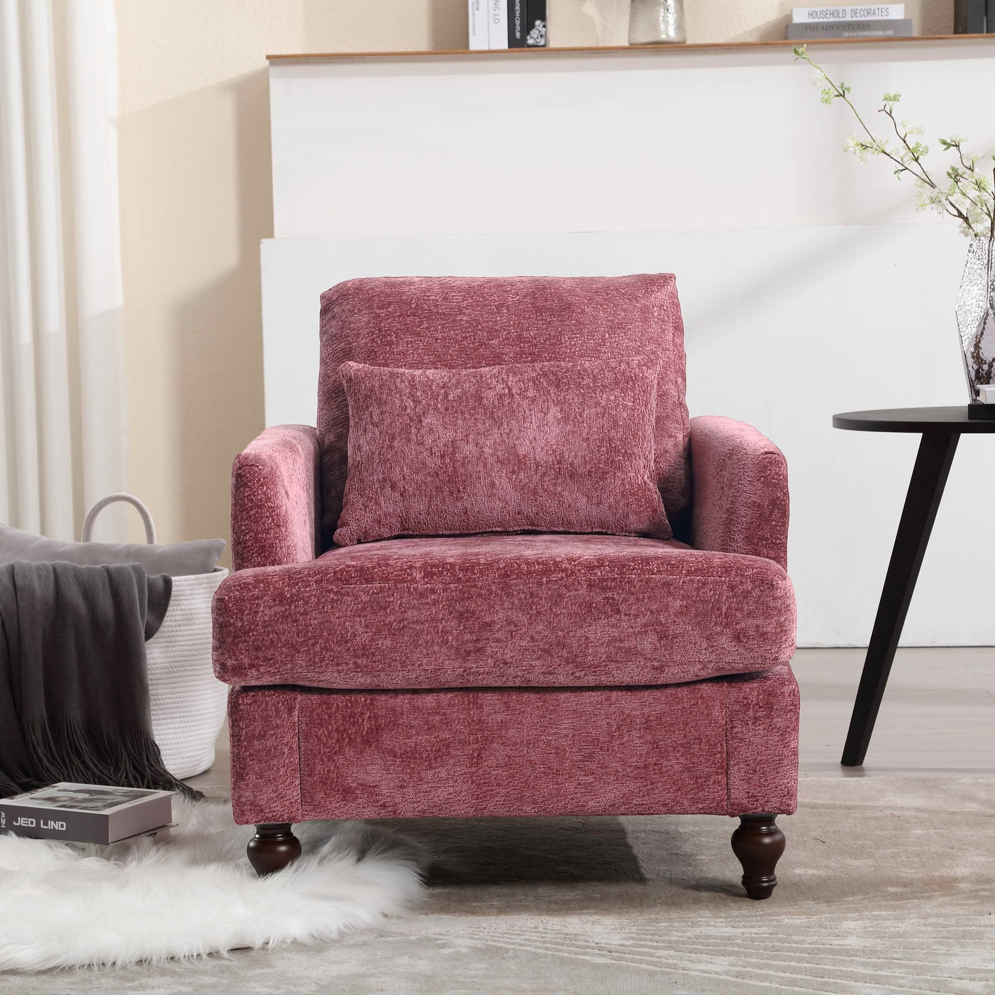MAYEERTY 29.53-Inch Mid Century Chenille Tufted Studded Accent Armchair, Solid Wood Frame Upholstered Club Lounge Chair for Living Room Bedroom Reading Office