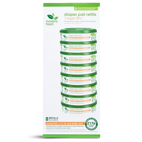 ® Refill Rings for Diaper Genie® and Munchkin® Diaper Pails, Holds up to 2,176 Newborn Diapers, 8 Pack