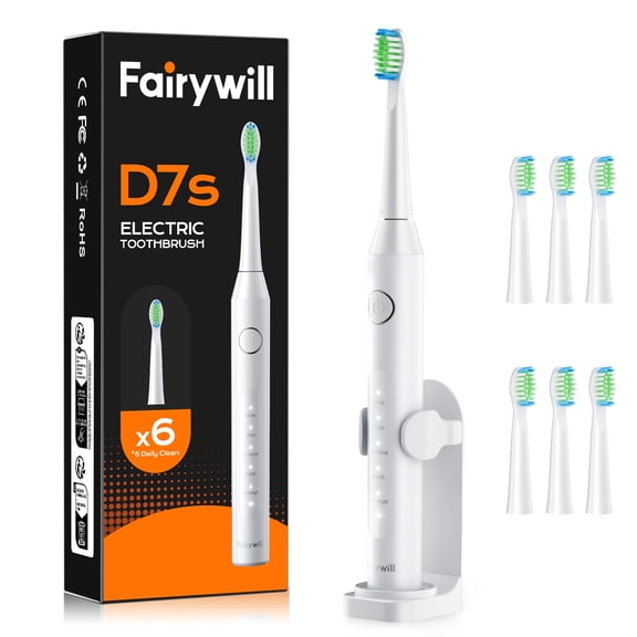 Fairywill D7s Sonic Electric Toothbrush for Adults, Rechargeable with 6 Dupont Brush Heads, 47000 VPM, 5 Modes, Fast Charge,60-Day Battery, IPX7 Waterproof, White