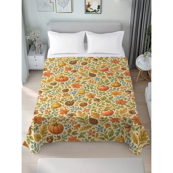 Queen Flat Sheet Only Fall Thanksgiving Farm Pumpkin Soft Microfiber Cooling Bedding Sheets Maple Leaves Acorns Berry Flat Bed Sheet for Hotel,Home Decor