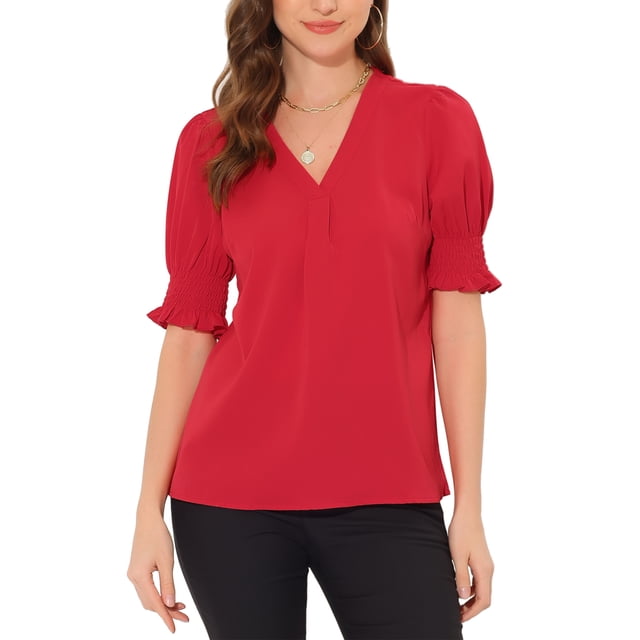 Unique Bargains Blouse à Manches Bouffantes pour Femmes Col en V Manches Courtes Rouge TP