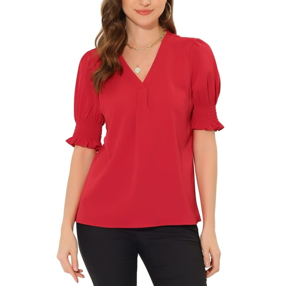 INSPIRE CHIC Women's Casual Summer V Neck Short Bubble Sleeve Blouses XL Red