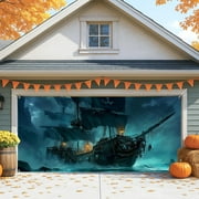 Mysterious Pirate Ship Garage Door Cover, Large Halloween Decorations for Indoor and Outdoor, Spooky Fall Party Background Decor 157x71 Inch