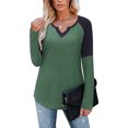 thumbnail image 2 of Camiseta interior de mujer de manga larga con cuello en contraste y escote en pico, poliéster, otoño-invierno, verde, talla M, 2 of 6
