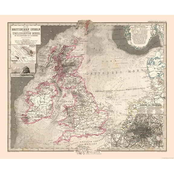 Historic Map - British Isles - Stieler 1885 - Vintage Wall Art