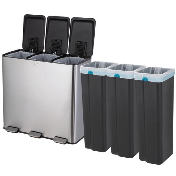 Home Zone Living 3 x 8 Gallon Triple Compartment Kitchen Trash Can with Step Pedals and Soft-Close Lids, Stainless Steel, Silver, 24 Gallon Total