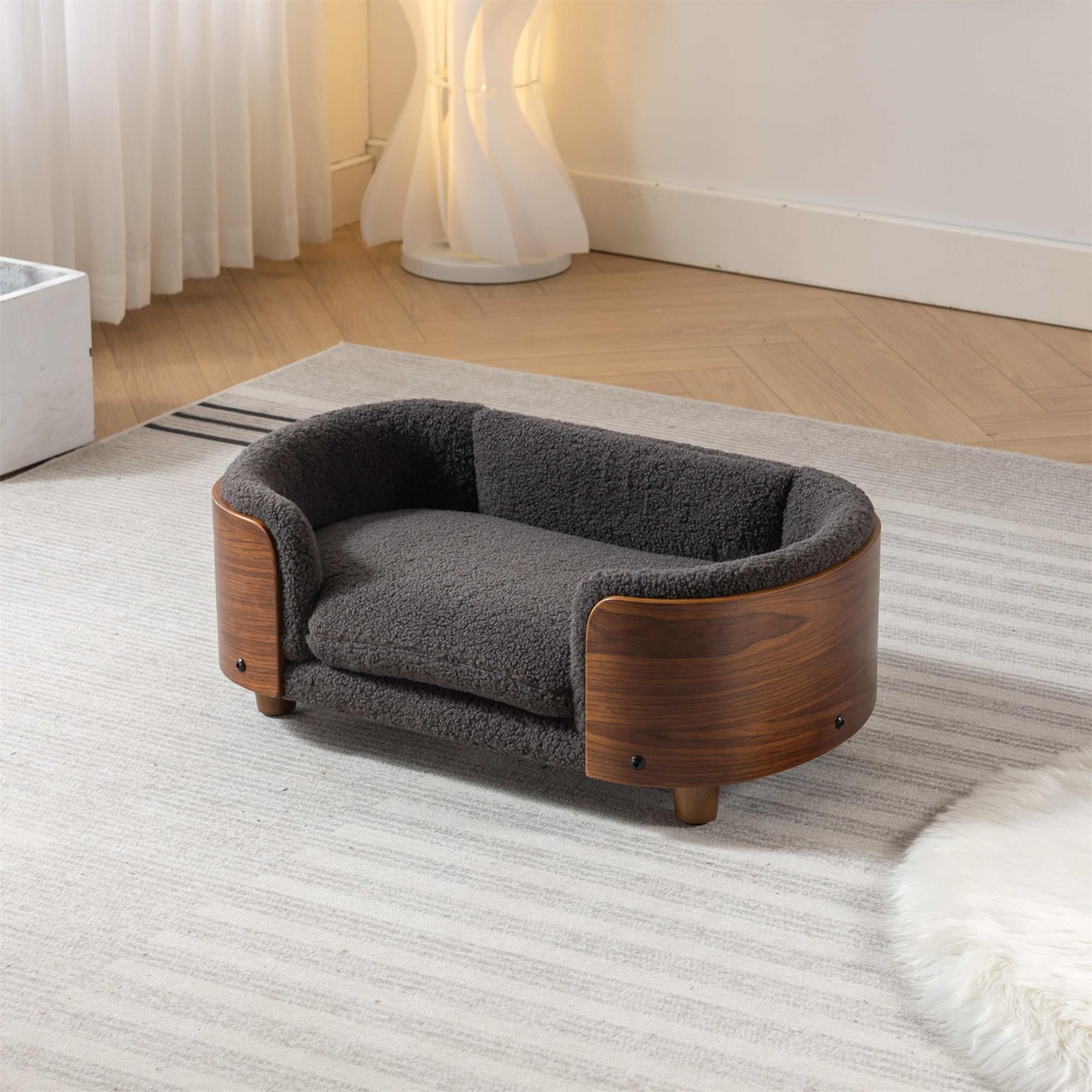 Pefilos 26" Elevated Pet Dog Bed with Solid Wood Legs and Walnut Bent Wood Back, Cashmere Cushion, Pet Sofa for Indoors Dogs, Gray Pefilos 26" Elevated Pet Dog Bed with Solid Wood Legs and Walnut Bent Wood Back, Cashmere Cushion, Pet Sofa for Indoors Dogs, Gray