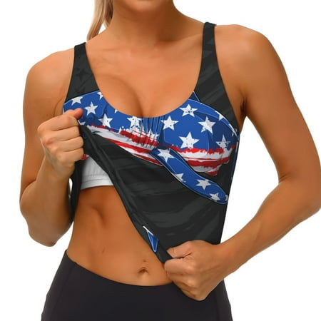 Qokaie Shark With USA Flag Pattern Womens Scoop Neck Sports Bra Breathable Workout Vest Padded U Back Medium Impact Fitness Gym Yoga Bra Workout Crop Top