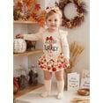 thumbnail image 6 of RUINIXCW Baby Girls Thanksgiving Outfits Flying Sleeve Letter Print Romper Turkey Print Tiered PP Shorts Headband Leg Warmers Sets, 6 of 9