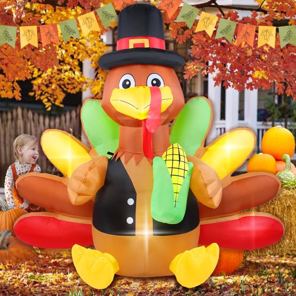 Inflatable Turkey 6FT Height Thanksgiving Decorations Outdoor Blow Up Turkey Giant with Corn and Pilgrim Hat Led Light for Happy Fall Harvest Holiday Indoor Outside Autumn Décor