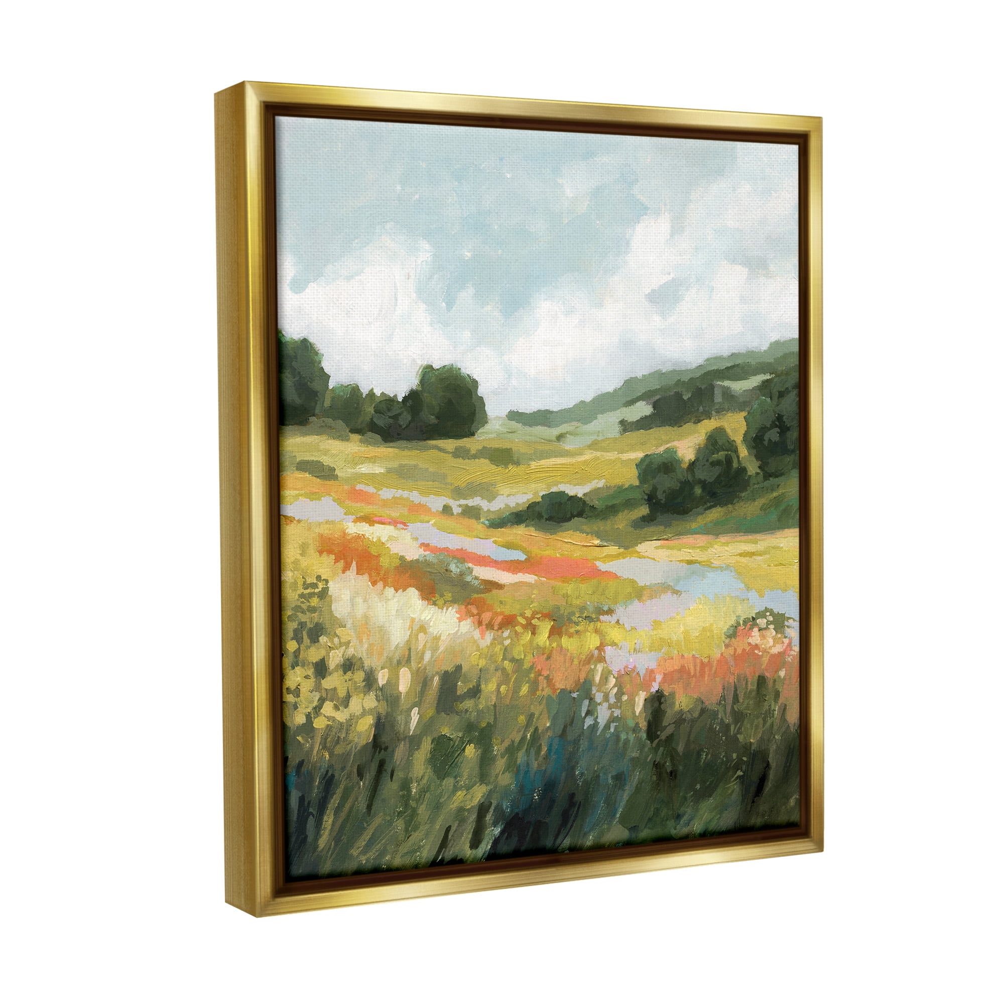 Stupell Industries Meadow with Distant Hills Landscape Painting Gold Floater Framed Canvas Art Print Wall Art, 25 x 31