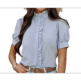 thumbnail image 3 of Blusa de Oficina de Corta con Cuello Alto y Botones A Rayas para Mujer, Color Azul XL, 3 of 6