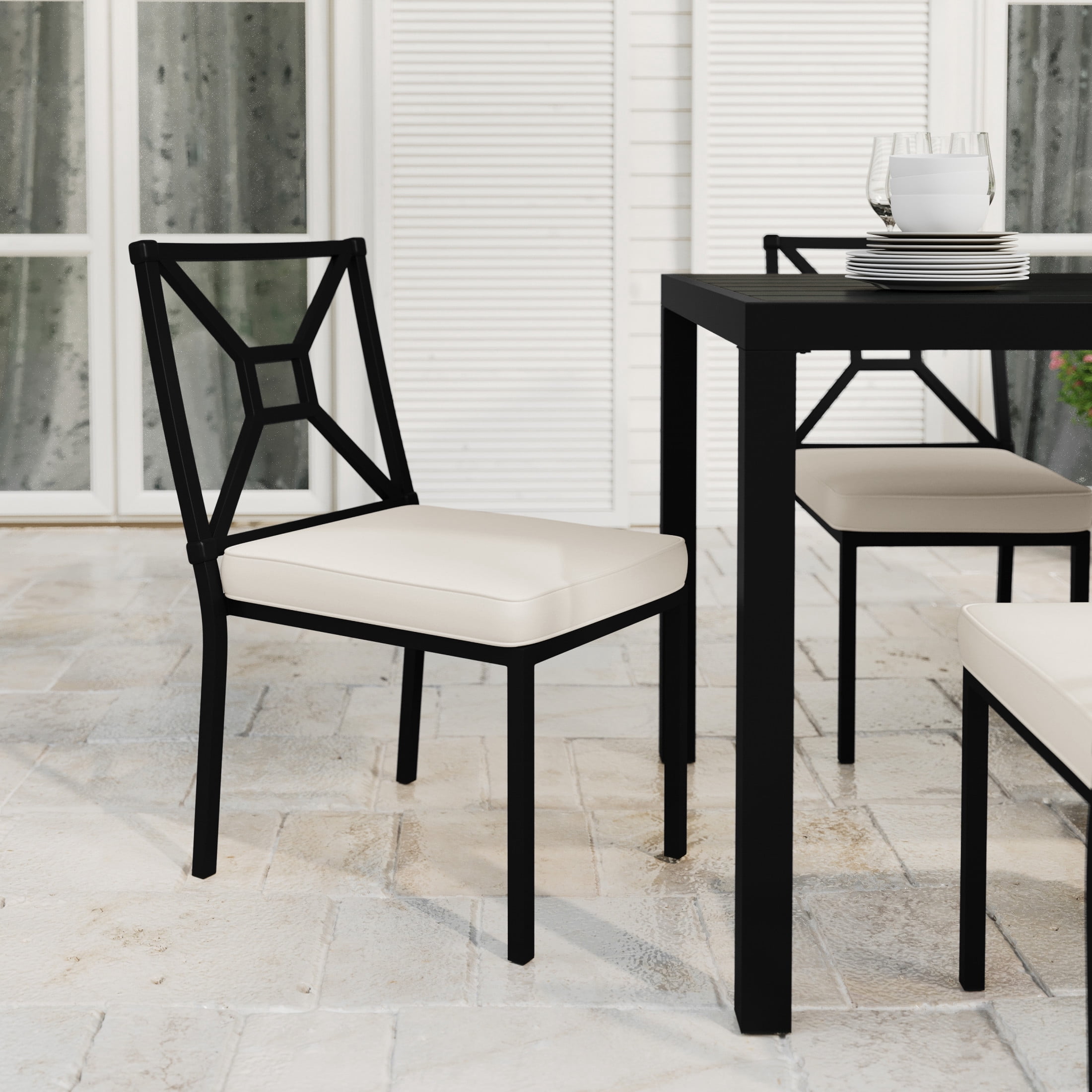Martha Stewart Indoor-Outdoor Stackable Patio Side Dining Chair with Steel Frame in Black with Cream All-Weather Cushion