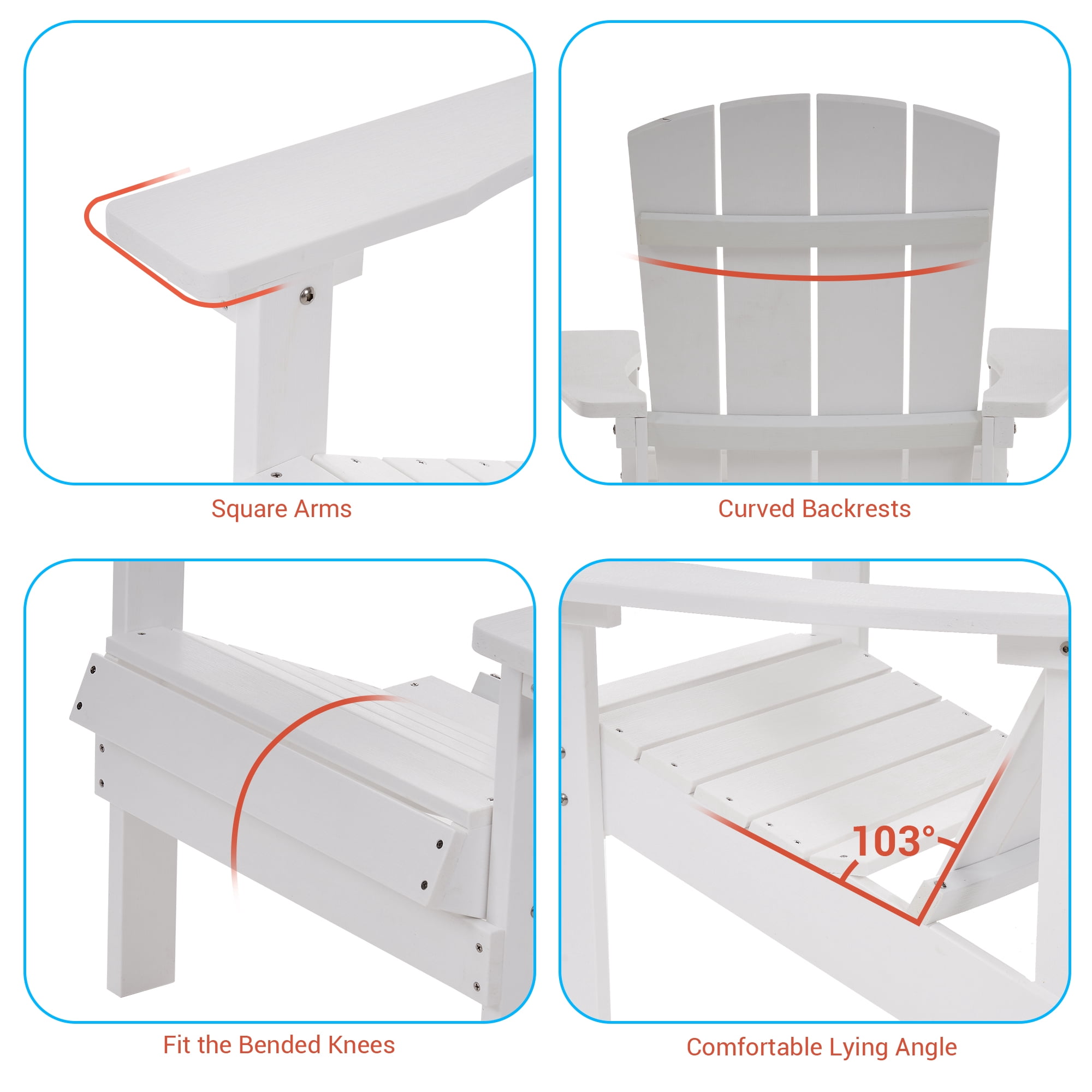 CHYVARY Patio Adirondack Chair Set of 2, HIPS Plastic Single Chairs, Lawn and Garden Chair Fire Pit Outdoor Lounge Chair for Backyard Deck, White