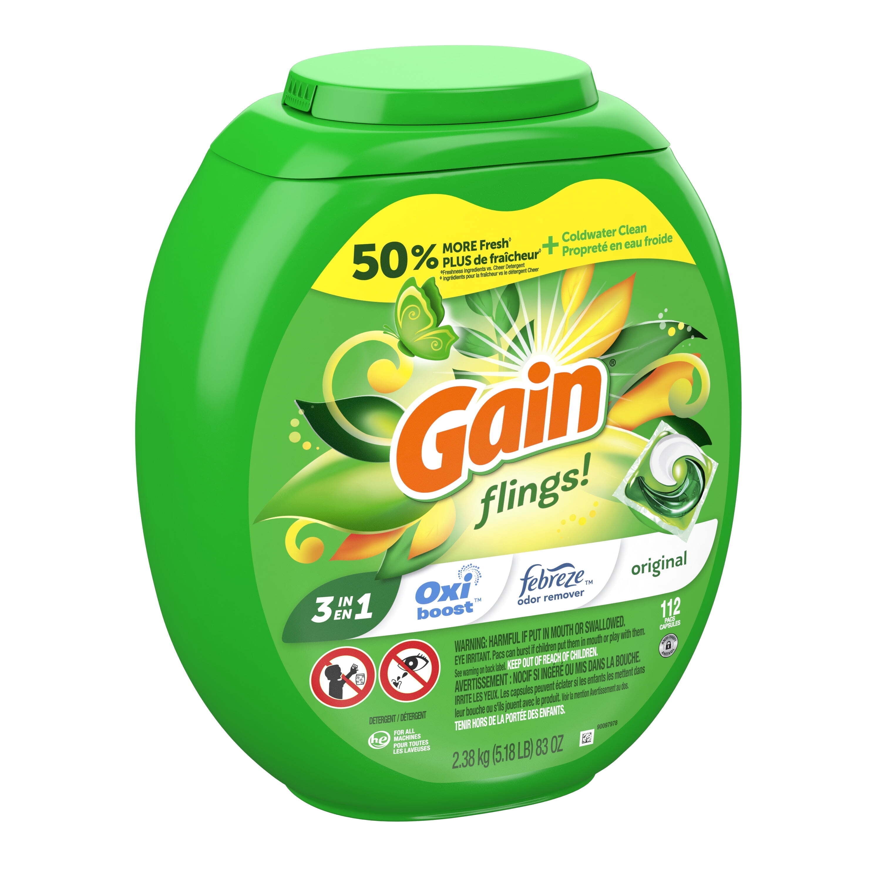Gain Flings 3-in-1 Oxi Boost and Febreze Laundry Detergent Pacs, Original Scent, 112 Count