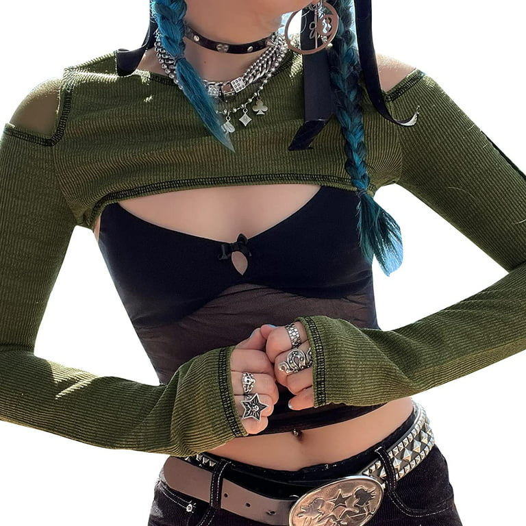DanceeMangoos Women Shrug Crop Top Long Sleeve Cyber Y2k Knit Mini Half  Sweater Gothic Pullover Shirt Grunge Streetwear Alt Emo Clothes