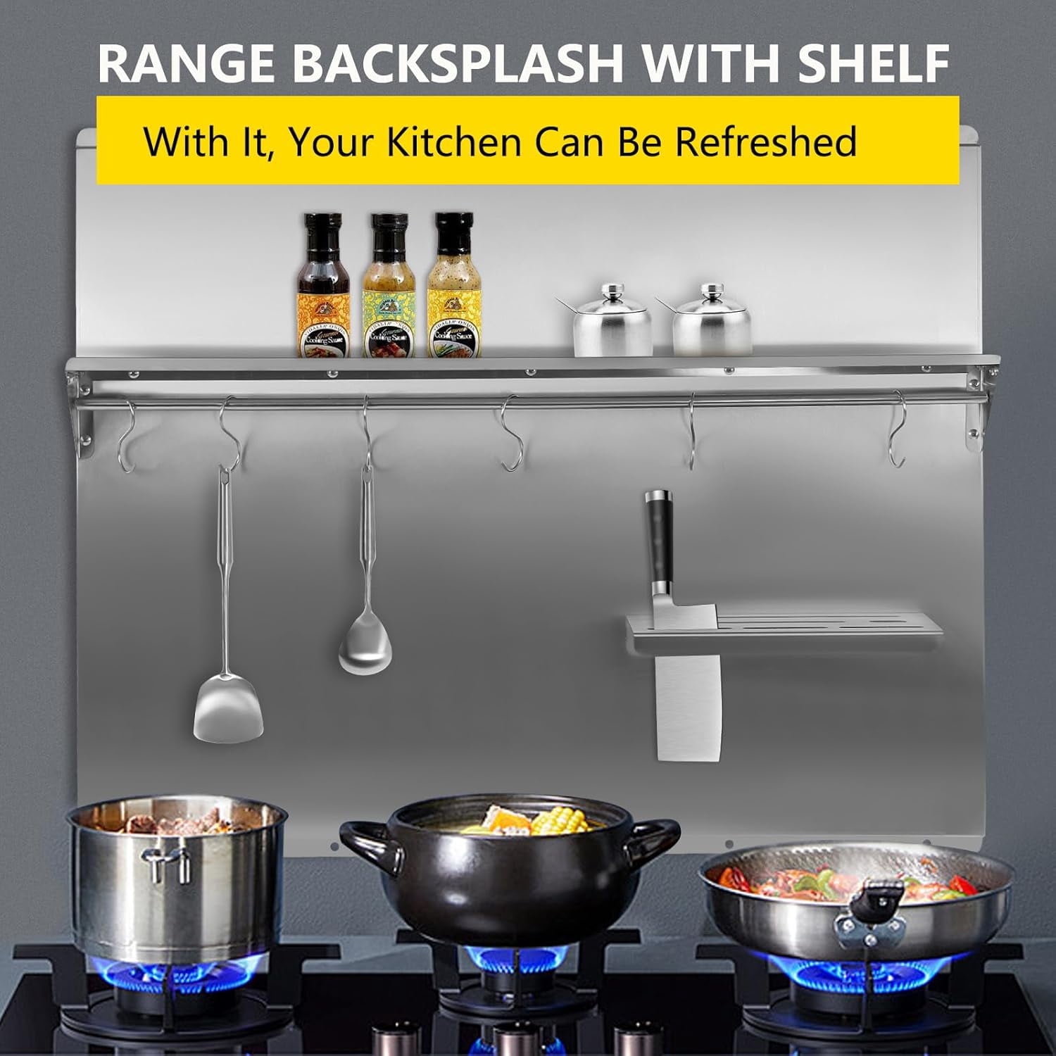 Range Backsplash with Shelf 36x 29.5 Inch Range Hood Wall Shield, Stainless Steel Backsplash Silver Splash Plate with Built-in Storage Shelf and Hanging Rack