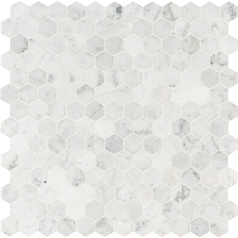 Carrara White Hexagon 12 in. x 12 in. x 8mm Honed Marble Mesh Mounted Mosaic Tile (9.8 sq. ft./ case) Carrara White Hexagon 12 in. x 12 in. x 8mm Honed Marble Mesh Mounted Mosaic Tile (9.8 sq. ft./ case)