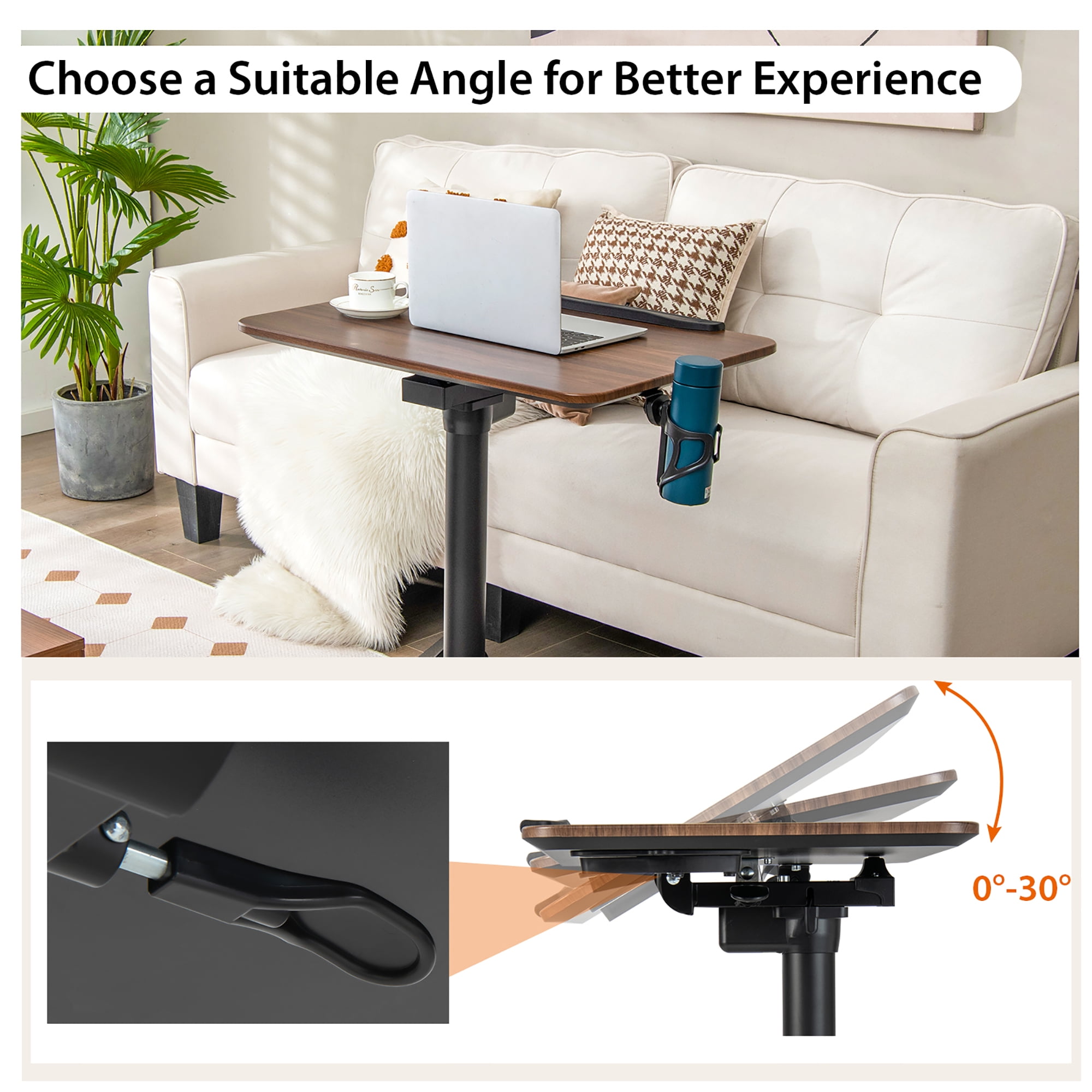 Costway Pneumatic Standing Desk Tilting Adjustable Laptop Cart Mobile Podium Cup Holder