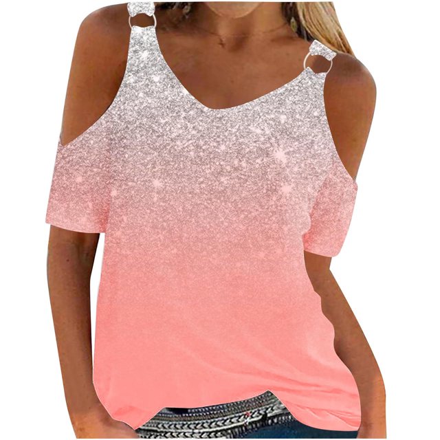 DPTALR Women's Fashionable Casual Printed Off Shoulder Short Sleeved Round Neck Shirt