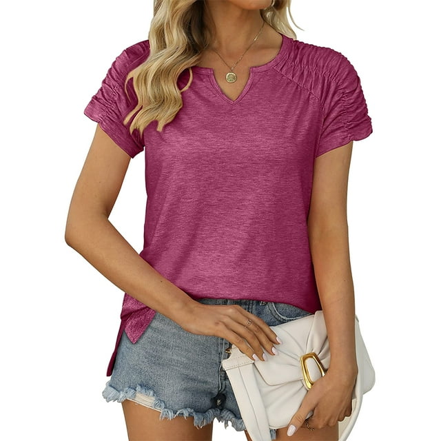Camiseta Tops mujer Minnieouse Verano plisado manga corta cuello en V rojo ladrillo