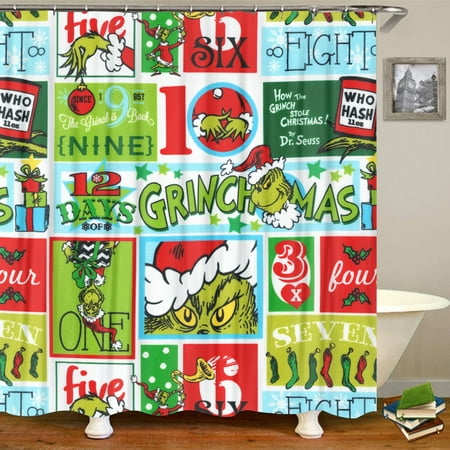 Grinch Merry Christmas Shower Curtains for Bathroom 72 x 72 Inches with Hooks, Waterproof Polyester Fabric Winter Snow Xmas Tree Shower Curtain Set, Machine Washable Bathroom Decor