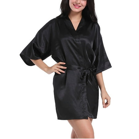 

Niuer Women Bathrobe Kimono Sleepwear Satin Robe Lounge Pajama Dress Silky Nightgowns Black M