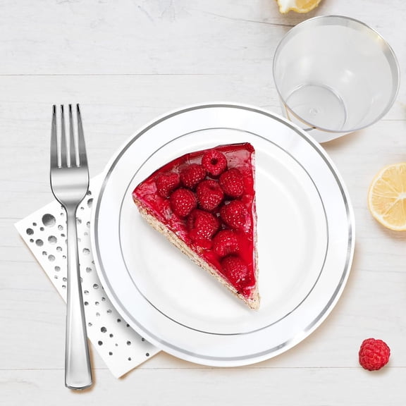 Stylish Disposable Party Set - 100 Cups, Forks, Napkins, 7.5 Inch Dessert Plates, Cake Plates, Appetizer Plates