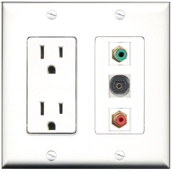 RiteAV - 15 Amp Power Outlet 1 Port RCA Red 1 Port RCA Green 1 Port Toslink Decorative Wall Plate