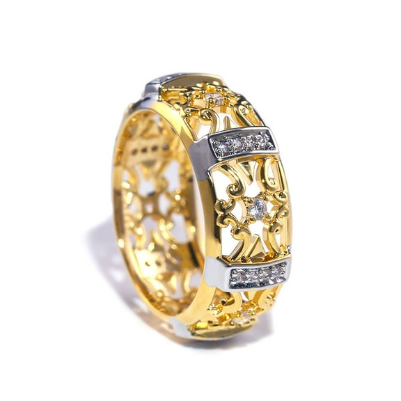 Two Tone Hollow Flower Pattern Wedding Ring 1.6 Ct Diamond 14K Yellow Gold Over