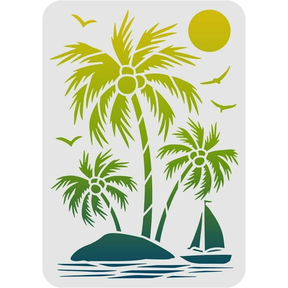 Palm Trees Stencil 11.7x8.3" Island Sailboat Painting Stencil Summer Sun Geese Pattern Drawing Stencil Reusable Tropical Ocean Beach Theme Stencil for Painting on Wood Wall Home Decor