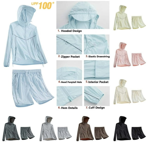 RYDCOT Men's Sun Protection Outdoor Casual Jacket with Pocket Full Zipper Long Sleeve Hoodie Shirt and Shorts Set Yellow