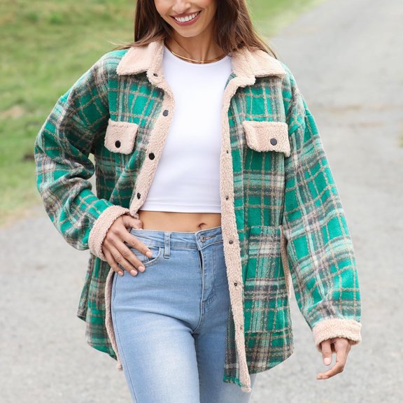 ZunFeo Fleece Jacket for Women Fall Winter Sherpa Jacket Plaid Warm Faux Fur Coat