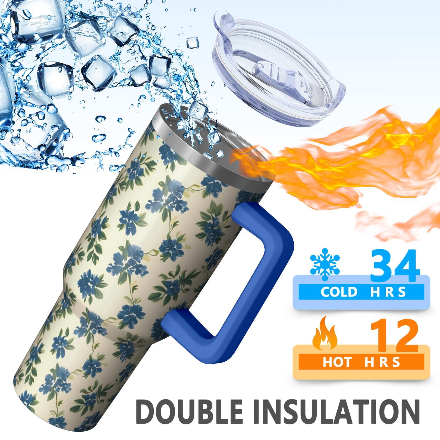Flower Floral Print Pattern 40oz Tumbler with Handle and Lid, Double Wall Vacuum Insulated Tumbler, Gift Cups for Women and Men