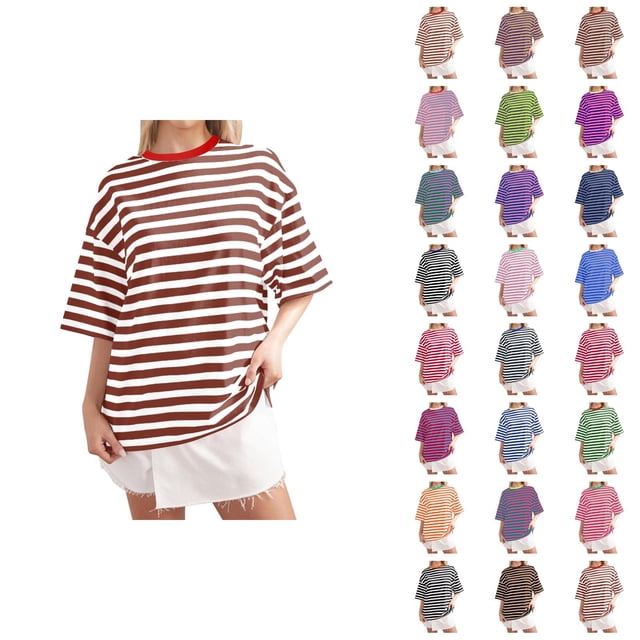 T-shirts Rayés pour Femmes 2026 Été à la Mode Manches Courtes Col Rond Confortables Légers