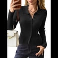 thumbnail image 2 of Cárdigan de Punto Acanalado con Botones y Larga para Mujer, Suéter Informal Ajustado con Cuello. Negro M, 2 of 8