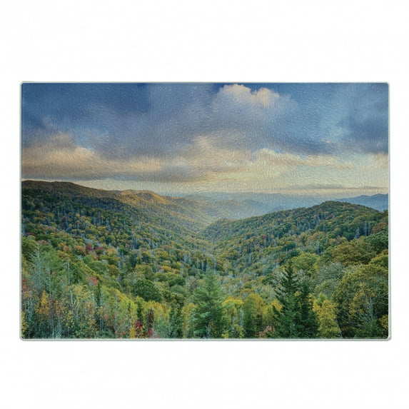 Appalachian Cutting Board, Autumn Outdoor Scene Photo from Smoky Mountains National Park Tennessee, Decorative Tempered Glass Cutting and Serving Board, in 3 Sizes, by Ambesonne
