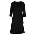 thumbnail image 3 of Kaemgyyd Fall Dresses for Women 2024 Casual Wrap V Neck 3/4 Sleeve Wedding Guest Dress Belted Ruffle Hem Midi Dress, 3 of 5
