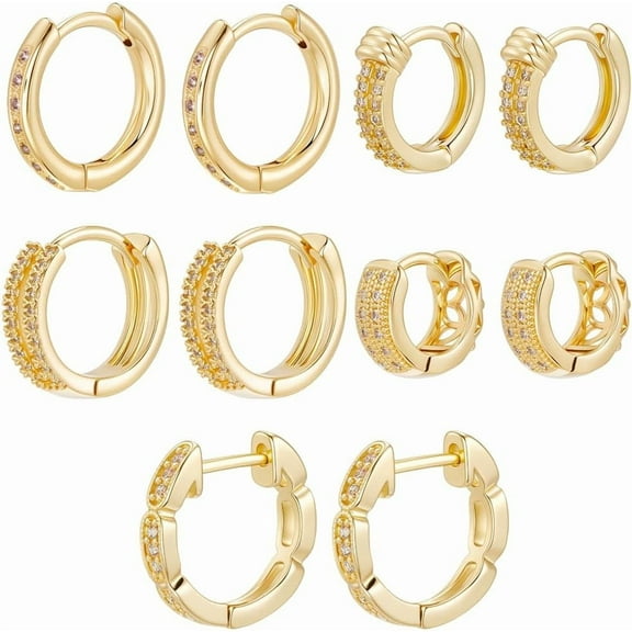 1 Box 5 Pairs Small Hoop Earrings 18K Gold Plated Brass Cubic Zirconia Huggie Hoop Earrings Cartilage Piercing Ear Cuff Tiny for Women Men (11/13/13.5/14.5/16mm) Gold