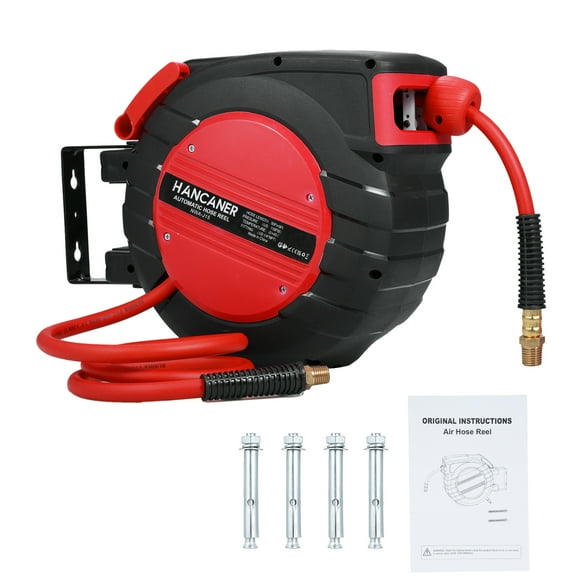 50Ft+5Ft Enclosed Retractable Air Hose Reel, 3/8in Hybrid Hose Air Compressor Hose Reel with Self-guiding Reel for Any Length Lock 180° Swivel Bracket Quick Coupler